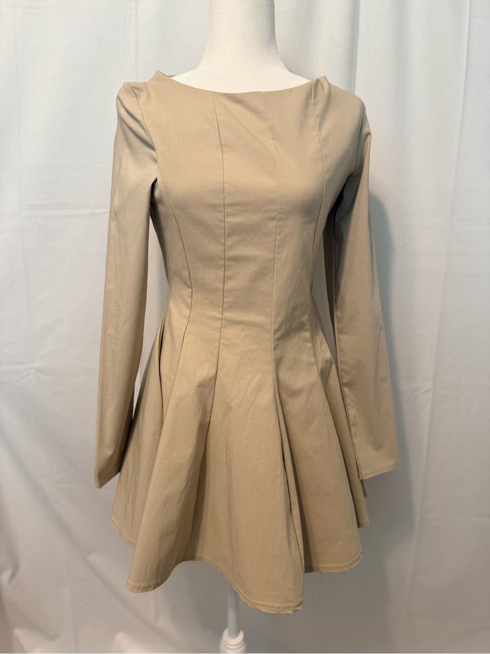 NWT PrettyLittleThibg Classic Long-Sleeve Fit-and-Flare Dress in Tan